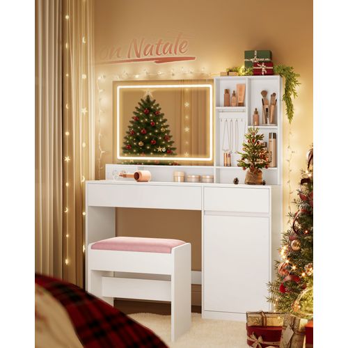 Coiffeuse Avec Tabouret, Avec Miroir Et Lumière, Prise De Courant, Largeur De 110 Cm, Blanc Et Rose