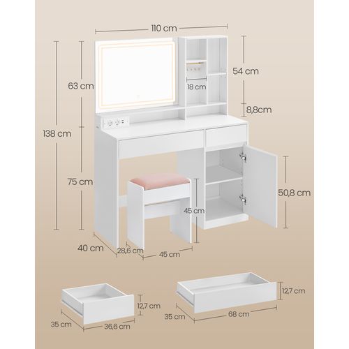 Coiffeuse Avec Tabouret, Avec Miroir Et Lumière, Prise De Courant, Largeur De 110 Cm, Blanc Et Rose