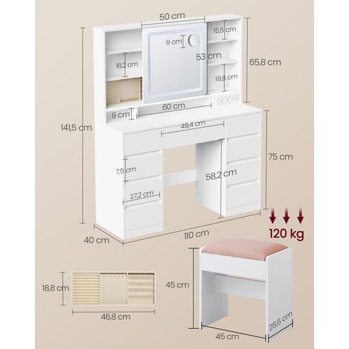 Coiffeuse Avec Miroir LED, 9 Tiroirs, Tabouret, Loupe 10x, Éclairage 3 Couleurs, Blanc Nuage