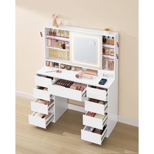 Coiffeuse Avec Miroir LED, 9 Tiroirs, Tabouret, Loupe 10x, Éclairage 3 Couleurs, Blanc Nuage