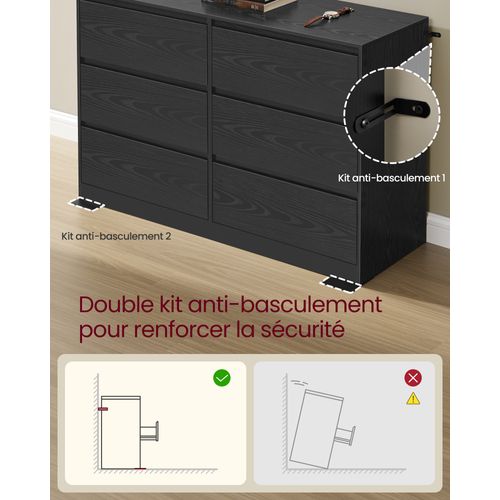 Commode Chambre 6 Tiroirs, 40 X 119,4 X 75 Cm, Style Moderne, Noir Boisé