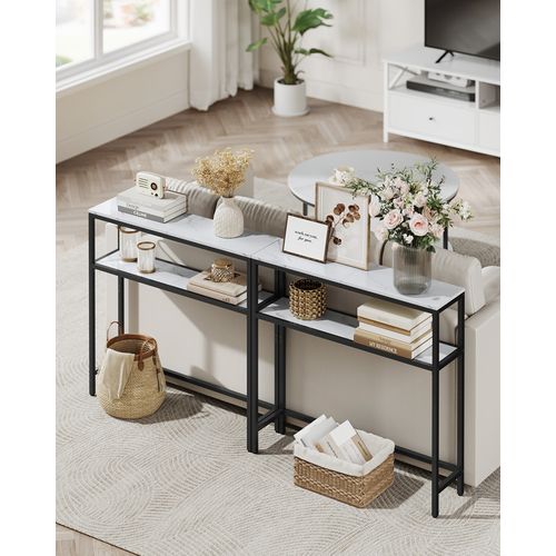 Console Pour Couloir, Table De Salon Fine à 2 Niveaux, 20 X 80 X 80 Cm, Blanc Marbré Et Noir D'encre