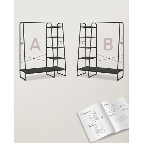 Porte-manteau Sur Pieds, Avec 5 Étagèress De Rangement, 6 Crochets, Noir Boisé Et Noir Mat