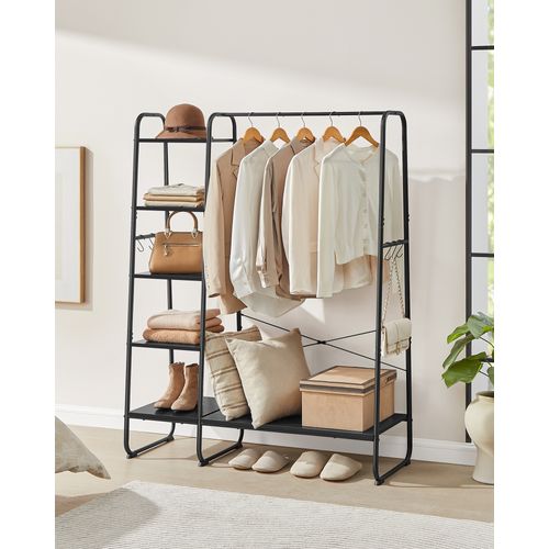 Porte-manteau Sur Pieds, Avec 5 Étagèress De Rangement, 6 Crochets, Noir Boisé Et Noir Mat