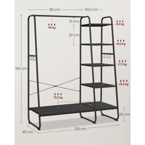 Porte-manteau Sur Pieds, Avec 5 Étagèress De Rangement, 6 Crochets, Noir Boisé Et Noir Mat