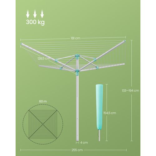 Séchoir à Linge Rotatif Réglable En Hauteur De 60 M, Pour 6 Charges De Machine à Laver, Argenté/vert