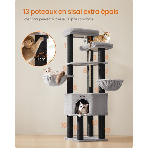 Grand Arbre à Chat, XXL, 55 X 55 X 186,7 Cm, Poteaux En Sisal De 11 Cm De Diamètre, Gris Et Noir