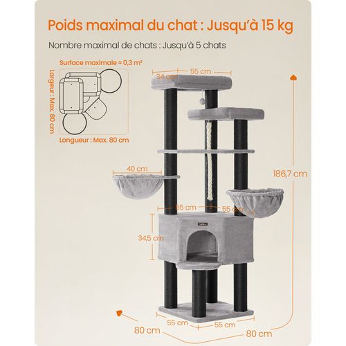 Grand Arbre à Chat, XXL, 55 X 55 X 186,7 Cm, Poteaux En Sisal De 11 Cm De Diamètre, Gris Et Noir