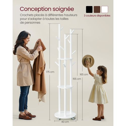 Portemanteau, Avec 11 Crochets Et 3 Étagères, 4 Roulettes Pivotantes à 360°,  Blanc Nuag