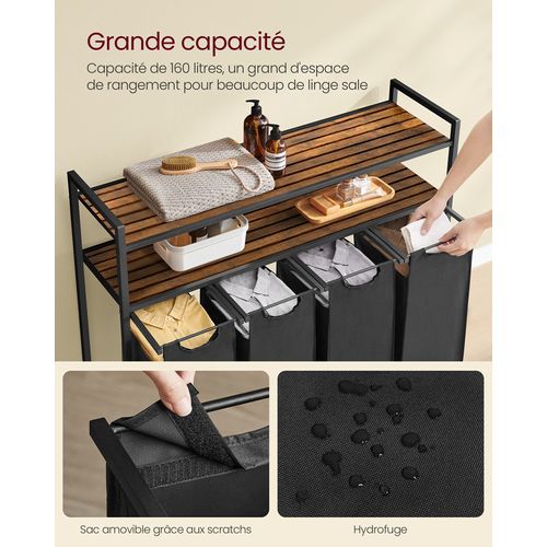 Panier à Linge, Corbeille à Linge Sale, Rangement 4 Compartiments, 4 Sacs Amovibles En Tissu Oxford