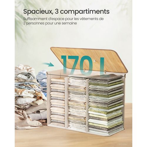 Panier à Linge Avec Couvercle, 3 Compartiments, 170 Litres, En Bambou, Naturel