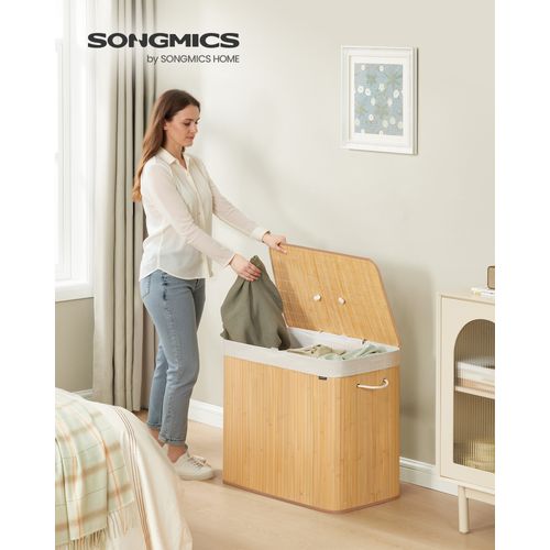 Panier à Linge Avec Couvercle, 3 Compartiments, 170 Litres, En Bambou, Naturel