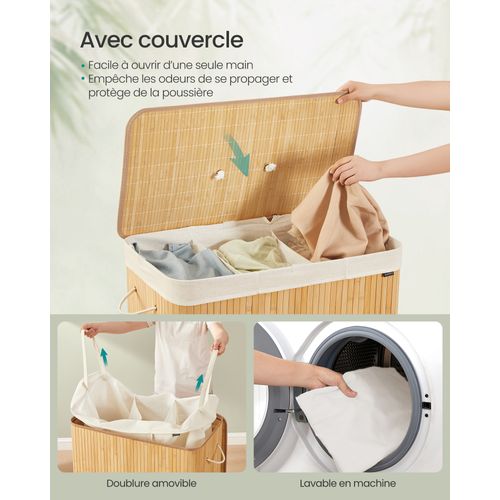 Panier à Linge Avec Couvercle, 3 Compartiments, 170 Litres, En Bambou, Naturel