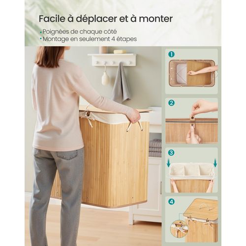 Panier à Linge Avec Couvercle, 3 Compartiments, 170 Litres, En Bambou, Naturel