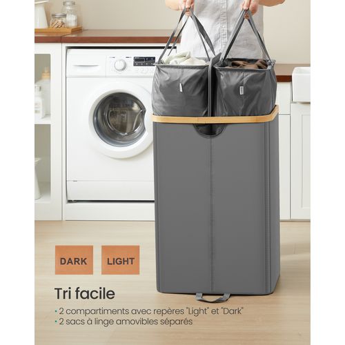 Panier à Linge à 2 Compartiments, 150 Litres, Sacs Amovibles, Gris Ardoise Et Beige Naturel
