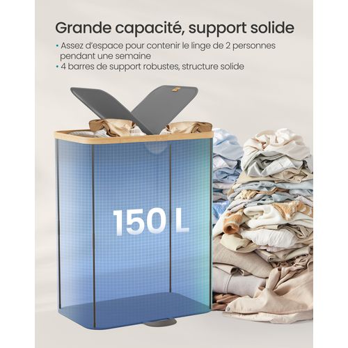 Panier à Linge à 2 Compartiments, 150 Litres, Sacs Amovibles, Gris Ardoise Et Beige Naturel