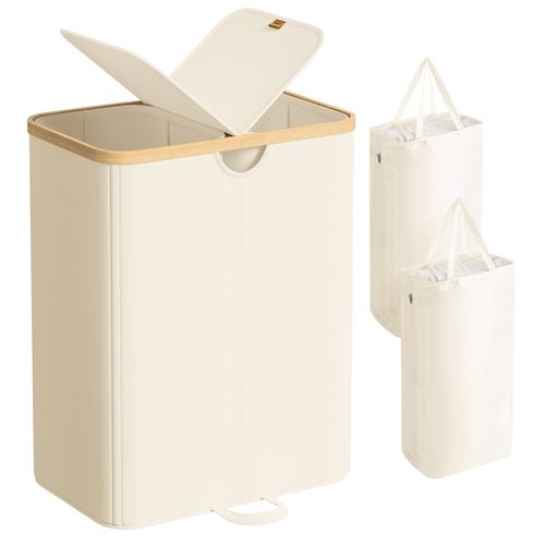 Panier à Linge à 2 Compartiments, 150 Litres, Sacs Amovibles, Blanc Crème Et Beige Naturel