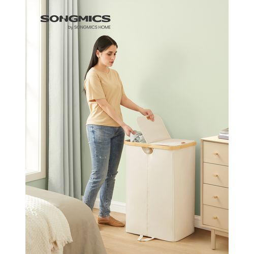 Panier à Linge à 2 Compartiments, 150 Litres, Sacs Amovibles, Blanc Crème Et Beige Naturel