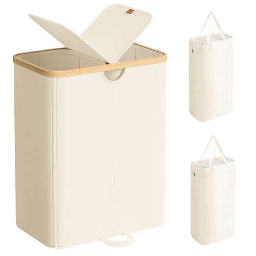 Panier à Linge à 2 Compartiments, 150 Litres, Sacs Amovibles, Blanc Crème Et Beige Naturel