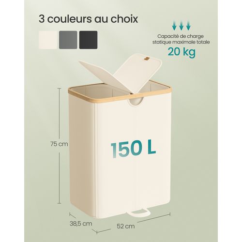 Panier à Linge à 2 Compartiments, 150 Litres, Sacs Amovibles, Blanc Crème Et Beige Naturel