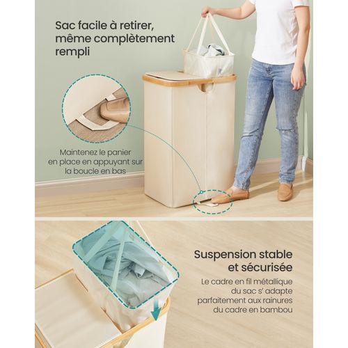 Panier à Linge à 2 Compartiments, 150 Litres, Sacs Amovibles, Blanc Crème Et Beige Naturel