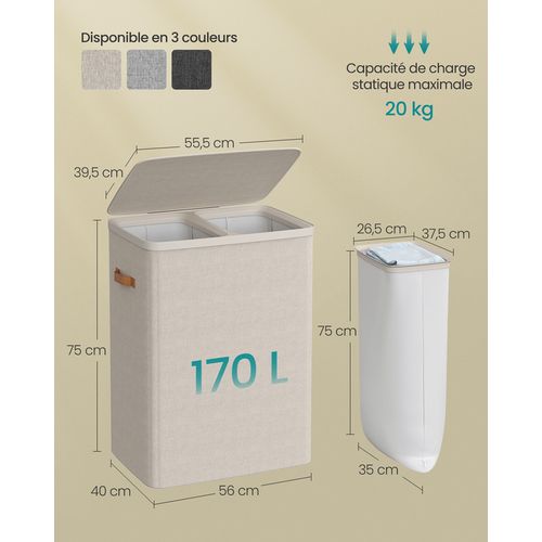 Panier à Linge De 170 L, 2 Compartiments, Montage Facile, Avec Couvercle Et Poignées