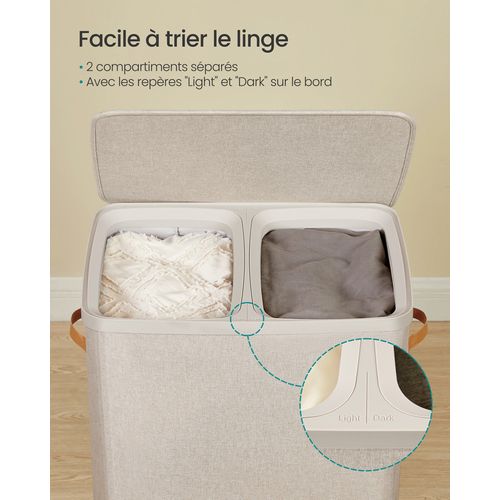 Panier à Linge De 170 L, 2 Compartiments, Montage Facile, Avec Couvercle Et Poignées
