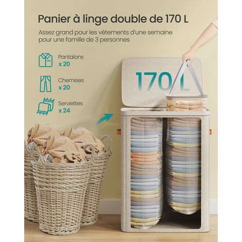 Panier à Linge De 170 L, 2 Compartiments, Montage Facile, Avec Couvercle Et Poignées
