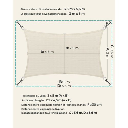 Voile D’ombrage 3 X 5 M, Protection Solaire En Tissu Hdpe, Respirant, Perméable à L’eau