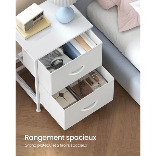 Table De Chevet Avec 2 Tiroirs En Tissu Non-tissé, Acier, Mdf, Blanc Nuage Et Blanc Neige