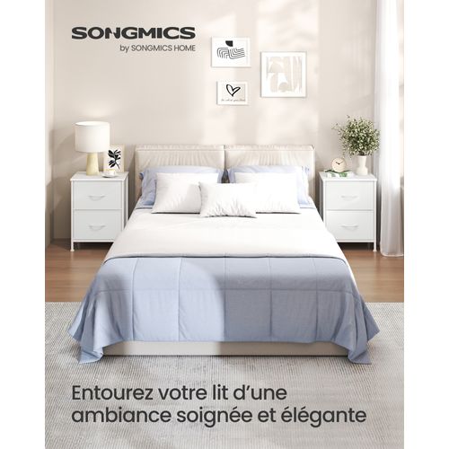 Table De Chevet Avec 2 Tiroirs En Tissu Non-tissé, Acier, Mdf, Blanc Nuage Et Blanc Neige