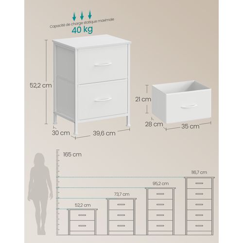 Table De Chevet Avec 2 Tiroirs En Tissu Non-tissé, Acier, Mdf, Blanc Nuage Et Blanc Neige