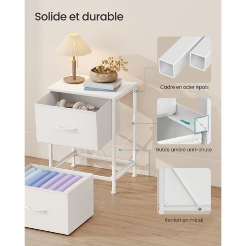Table De Chevet Avec 2 Tiroirs En Tissu Non-tissé, Acier, Mdf, Blanc Nuage Et Blanc Neige