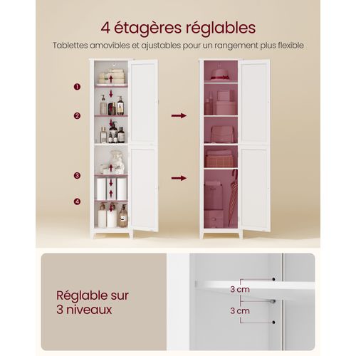 Armoire De Salle De Bain Haut, Avec Miroir,avec Étagères Réglables, 30 X 40 X 160 Cm, Blanc