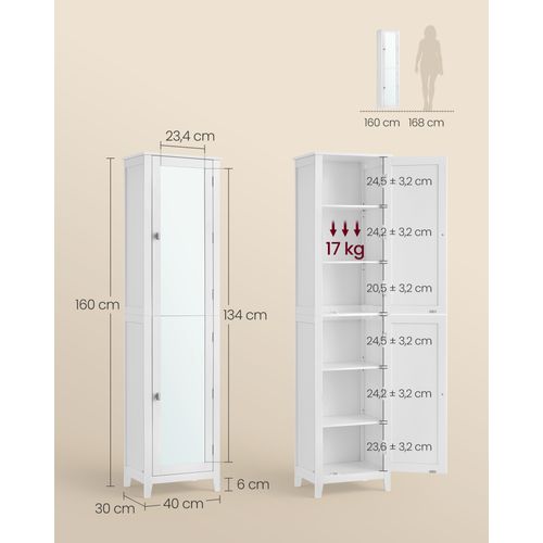 Armoire De Salle De Bain Haut, Avec Miroir,avec Étagères Réglables, 30 X 40 X 160 Cm, Blanc