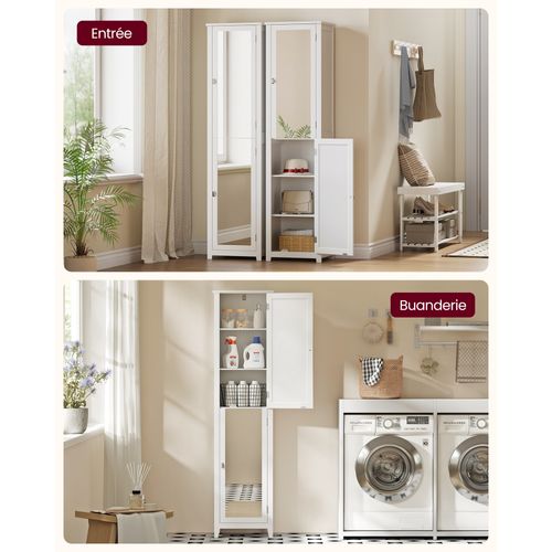 Armoire De Salle De Bain Haut, Avec Miroir,avec Étagères Réglables, 30 X 40 X 160 Cm, Blanc