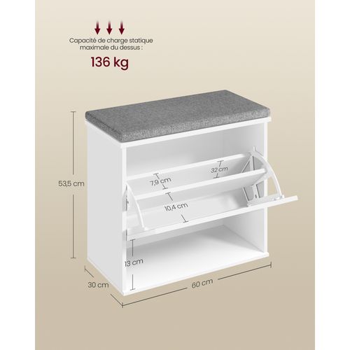 Meuble D’entrée Sur 3 Niveaux, Tiroir Rabattable, 30 X 60 X 53,5 Cm, Blanc Nuage Et Gris Tourterelle