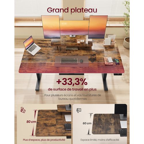 Bureau Électrique Réglable En Hauteur, 160 X 80 Cm, Tiroir, Port USB-c, Marron Rustique
