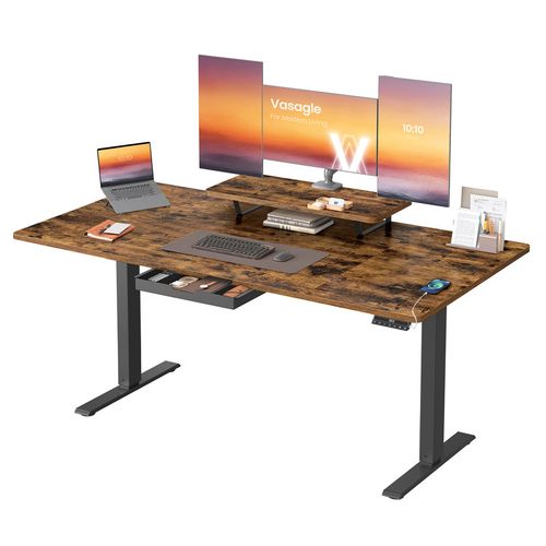 Bureau Électrique Réglable En Hauteur, 160 X 80 Cm, Tiroir, Port USB-c, Marron Rustique