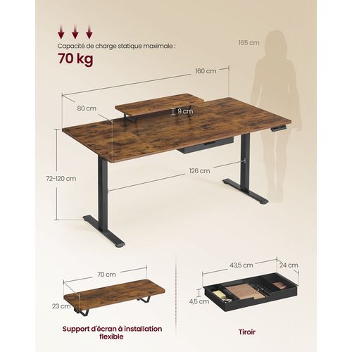 Bureau Électrique Réglable En Hauteur, 160 X 80 Cm, Tiroir, Port USB-c, Marron Rustique