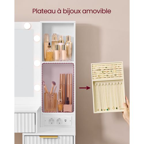 Coiffeuse Avec Miroir Et Tabouret, Table De Maquillage Avec Tiroirs, Loupe 10x, Éclairage LED