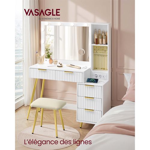 Coiffeuse Avec Miroir Et Tabouret, Table De Maquillage Avec Tiroirs, Loupe 10x, Éclairage LED