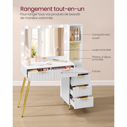 Coiffeuse Avec Miroir Et Tabouret, Table De Maquillage Avec Tiroirs, Loupe 10x, Éclairage LED