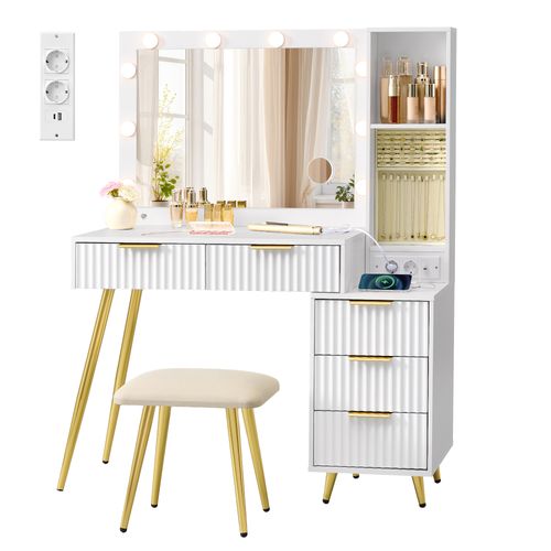 Coiffeuse Avec Miroir Et Tabouret, Table De Maquillage Avec Tiroirs, Loupe 10x, Éclairage LED
