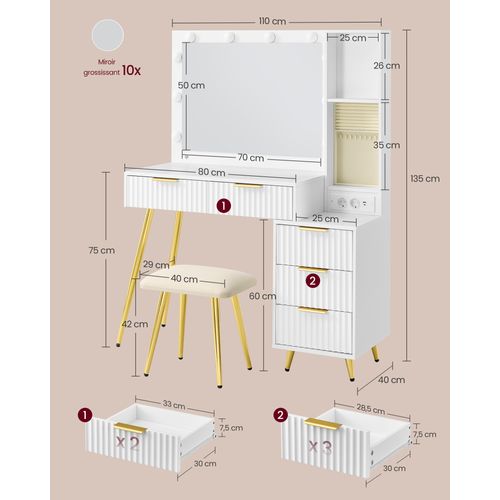 Coiffeuse Avec Miroir Et Tabouret, Table De Maquillage Avec Tiroirs, Loupe 10x, Éclairage LED