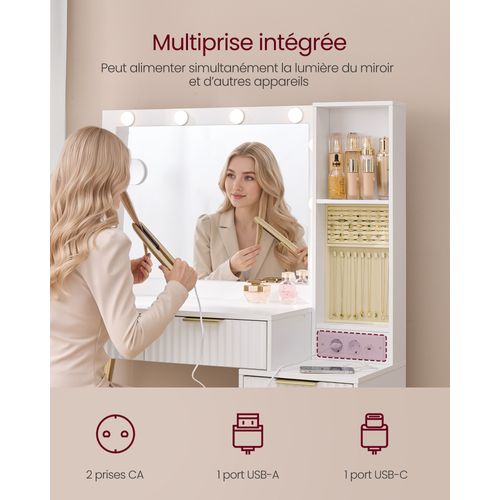 Coiffeuse Avec Miroir Et Tabouret, Table De Maquillage Avec Tiroirs, Loupe 10x, Éclairage LED