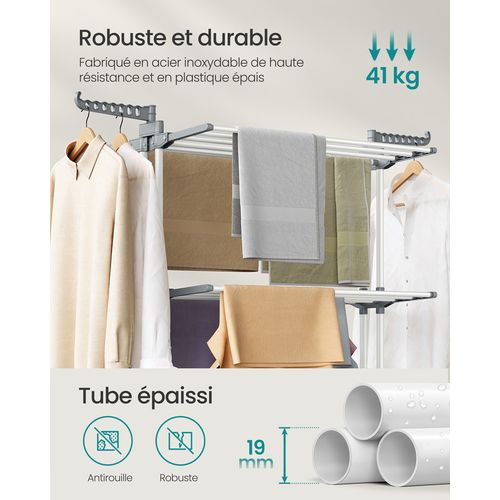 Séchoir Mobile à 4 Niveaux, Avec Roulettes, 63,5 X 125,5 X 173 Cm, Blanc Nuage Et Gris Tourterelle