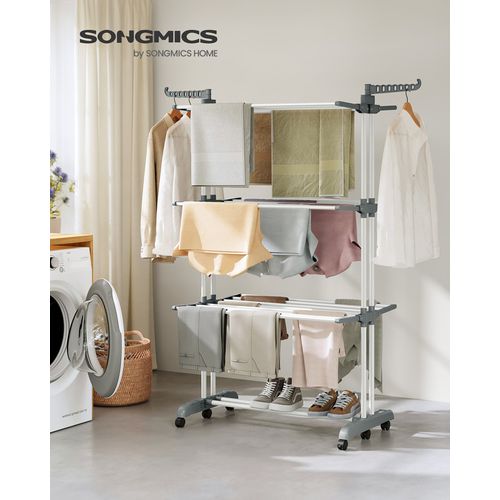 Séchoir Mobile à 4 Niveaux, Avec Roulettes, 63,5 X 125,5 X 173 Cm, Blanc Nuage Et Gris Tourterelle
