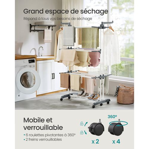 Séchoir Mobile à 4 Niveaux, Avec Roulettes, 63,5 X 125,5 X 173 Cm, Blanc Nuage Et Gris Tourterelle