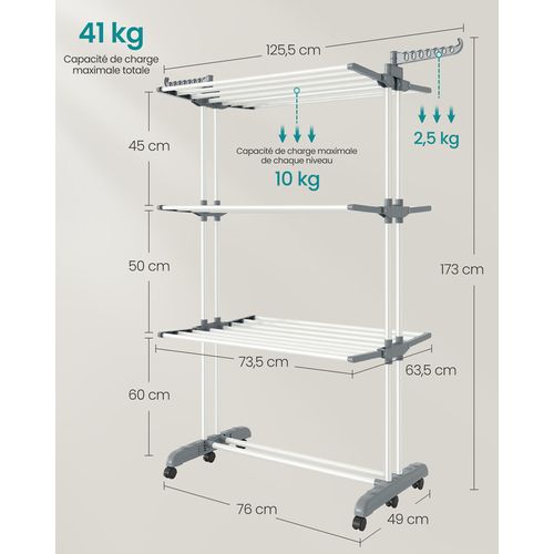 Séchoir Mobile à 4 Niveaux, Avec Roulettes, 63,5 X 125,5 X 173 Cm, Blanc Nuage Et Gris Tourterelle